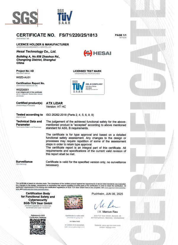 ▲?禾赛科技获颁 SGS-TüV ISO 26262 功能安全产品认证证书