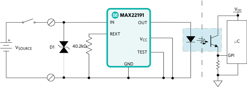 图 1。MAX22191 吸地 DI 电路。